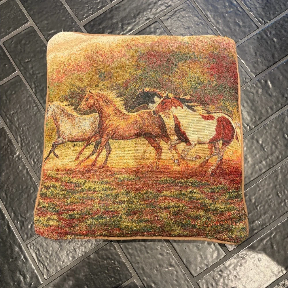 Vintage Tapestry Horse Pillow 15x15 Western Equestrian Lodge Decor